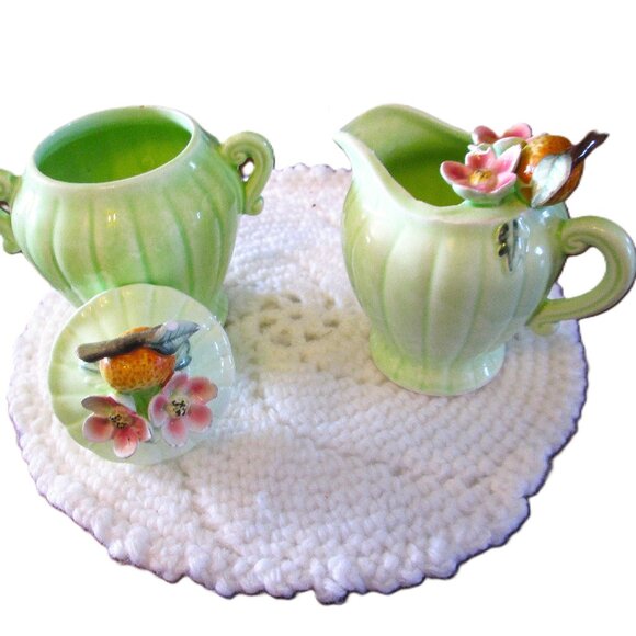 Vtg Napco Peach Blossom creamer & sugar bowl with lid from 20th cen - Picture 2 of 13